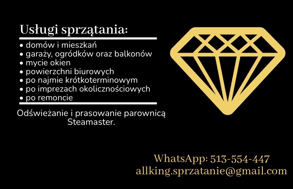 Grafika z listą usług sprzątania: domów, biur, po remoncie, mycie okien, odświeżanie parownicą. Złoty diament, kontakt WhatsApp i e-mail na czarnym tle.