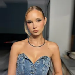 Portret kobiety z delikatnym, profesjonalnym make-upem, prezentujący naturalny efekt. Uwagę zwraca denimowy top bez ramiączek i srebrny naszyjnik.