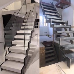 Lubner Schody - Zdjęcie schodów metalowych typu przed i po: surowa konstrukcja i finalny wygląd z białymi stopniami oraz szklaną balustradą w nowoczesnym wnętrzu.