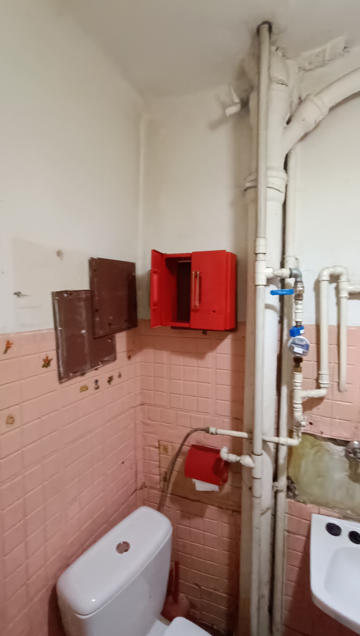 Łazienka z różową glazurą i białą armaturą w Hipolitowie. Widoczne rury, toaleta, umywalka i czerwona szafka. Częściowo usunięte płytki na ścianach.