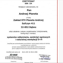 Aktualny certyfikat na instalacje oddymiania D+H