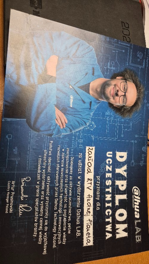 Dyplom z szkolenia instalacji najnowszych systemów monitoringu Dahua.