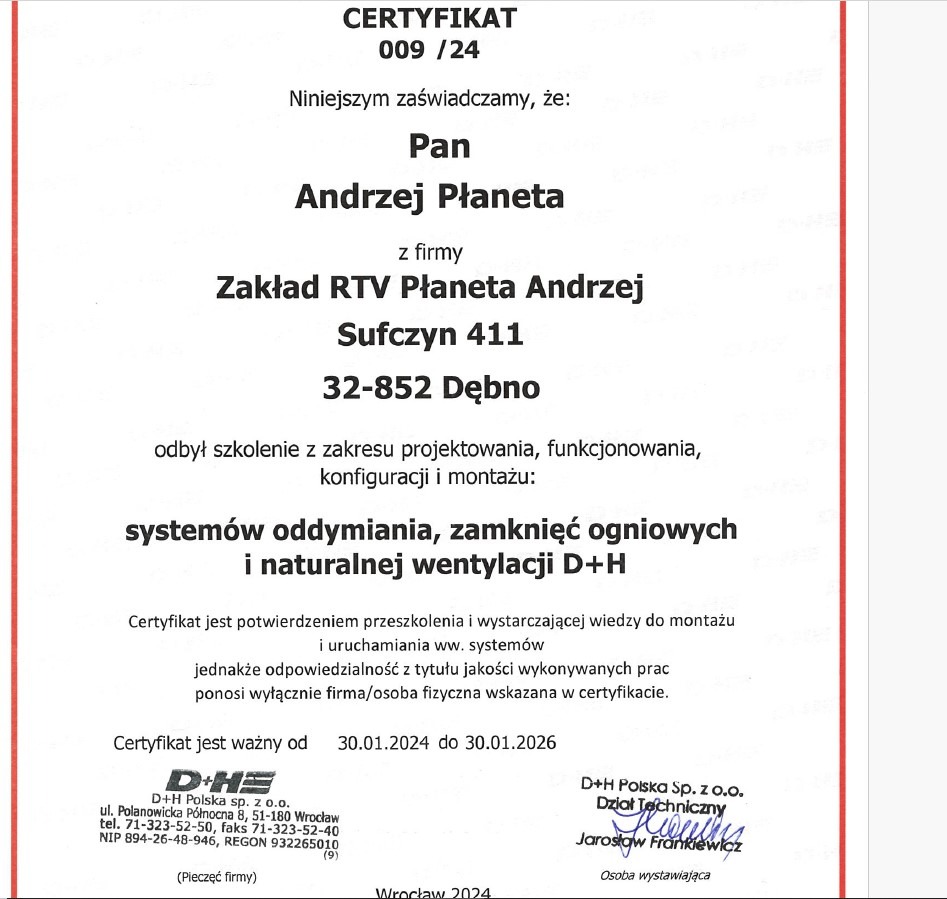 Aktualny certyfikat na instalacje oddymiania D+H