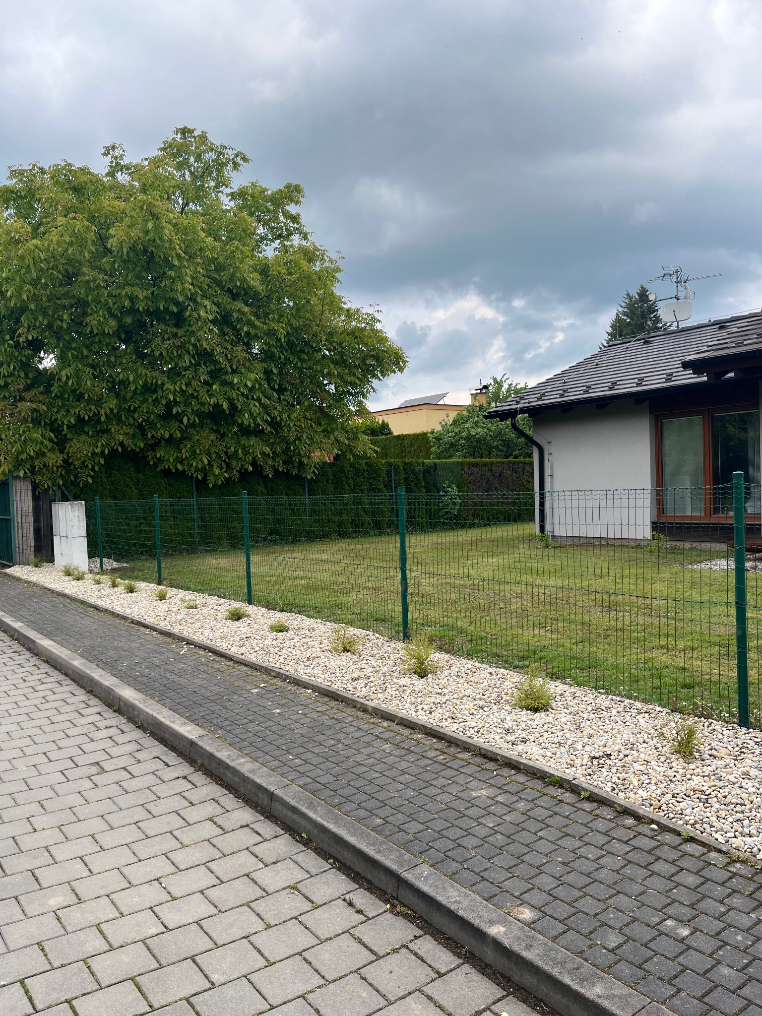 Ogród z trawnikiem i zielonym ogrodzeniem siatkowym, obok ścieżka z kostki brukowej i rabata z białych kamieni z posadzonymi roślinami. W tle dom i drzewa.