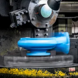 Metalowa tokarka w trakcie obróbki niebieskiego elementu. Widoczne narzędzia i osprzęt. Dynamiczne ujęcie z efektem rozmycia ruchu obrotowego.