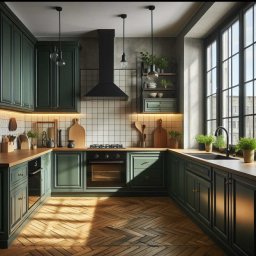 TIK. Twój Idealny Kąt - Nowoczesna, zielona kuchnia z drewnianą podłogą w jodełkę i dużym oknem. Uwagę przykuwają minimalistyczne lampy wiszące i rośliny doniczkowe na blacie.