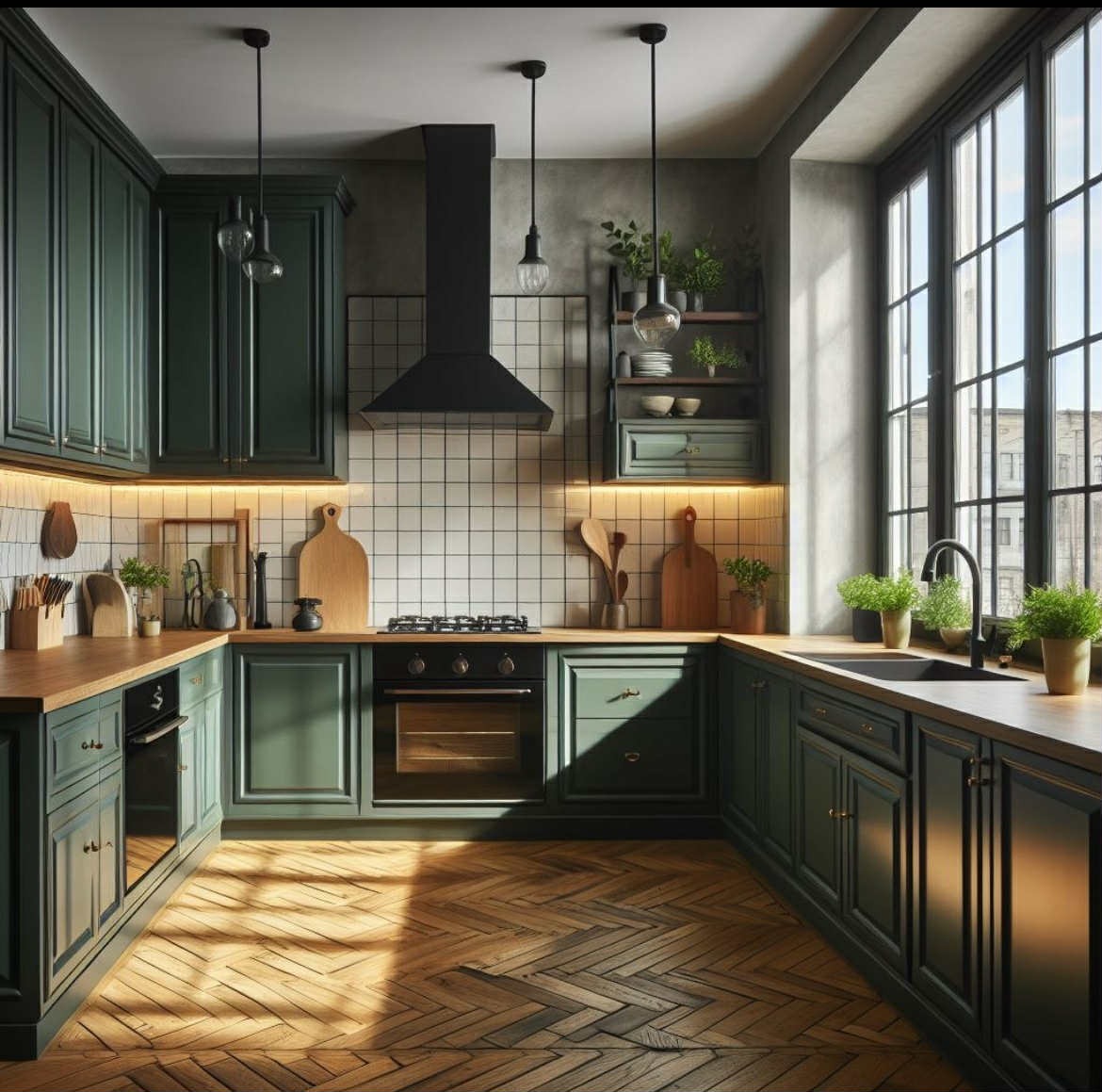 Nowoczesna, zielona kuchnia z drewnianą podłogą w jodełkę i dużym oknem. Uwagę przykuwają minimalistyczne lampy wiszące i rośliny doniczkowe na blacie.