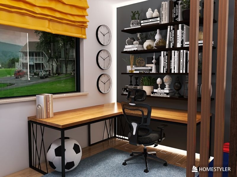 Nowoczesne biuro domowe z drewnianym biurkiem narożnym, czarnym krzesłem obrotowym i półkami z książkami. Żółta roleta w oknie. Piłka nożna pod biurkiem.