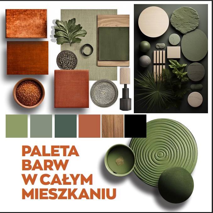 Paleta barw: ziemiste brązy i zgaszona zieleń w moodboardzie aranżacji wnętrz. Próbki materiałów, tkanin, elementy dekoracyjne i roślinne. Całość w ciepłym oświetleniu.