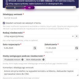 1. Elektroniczne wnioski urlopowe:
Moduł ten umożliwia obsługę każdego typu nieobecności (również delegację, czy pracę zdalną), a także grafiki: indywidualne/ projektowe/ zmianowe i automatycznie generować wykresy Gantta, na podstawie planowanych grafików