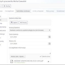 3: E-teczki: Moduł obsługuje wszystkie formy współpracy. Do rejestru umowy, można dodać daty graniczne, załączniki, badania lekarskie i szkolenia, kompetencje i umiejętności pracownika, a także udostępnione środki trwałe.