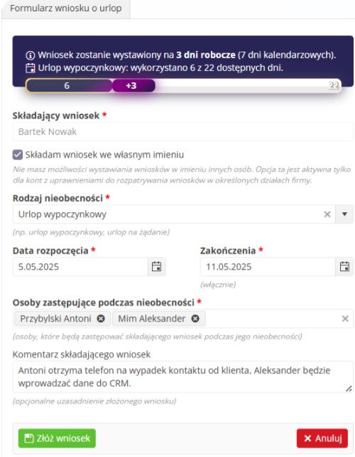 Formularz elektronicznego wniosku urlopowego z datami 5.05.2025 - 11.05.2025 i zastępcami: Przybylski Antoni i Mim Aleksander. Widoczny przycisk 'Złóż wniosek'.