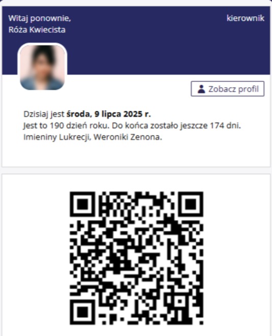 Interfejs systemu rejestracji czasu pracy z kodem QR, datą 9 lipca 2025 i danymi pracownika Róży Kwiecistej. Widok ekranu aplikacji.