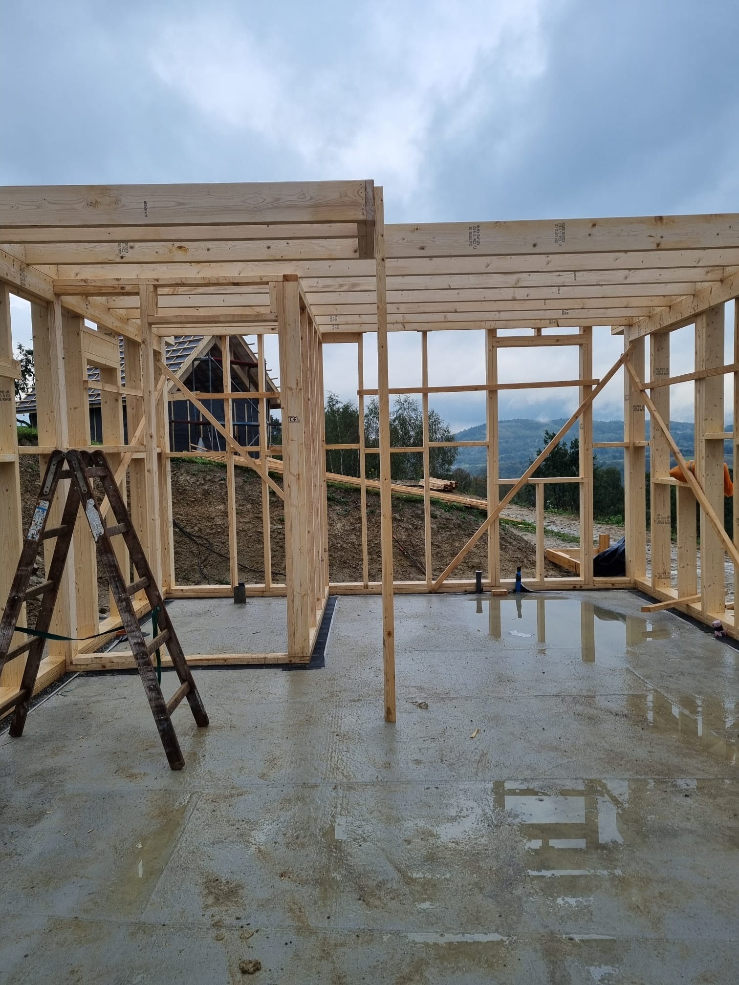 Wnętrze surowego domu szkieletowego w budowie; widoczne drewniane ramy, betonowa posadzka z odbiciami i drabina. W tle zalesione wzgórza pod pochmurnym niebem.