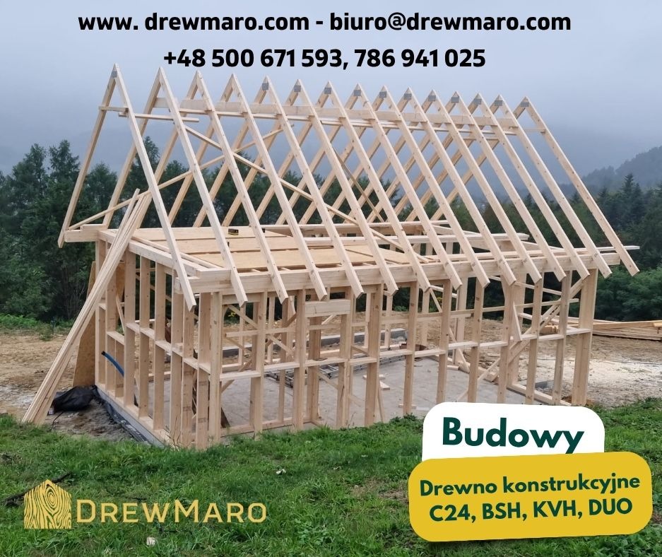 Konstrukcja szkieletowa domu w trakcie budowy, widoczne drewniane elementy konstrukcyjne, tło stanowią drzewa i niebo. Na dole widoczne logo firmy.