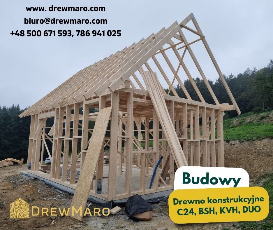 Surowa konstrukcja domu szkieletowego z drewna, widok z zewnątrz, z widocznymi elementami więźby dachowej, na tle zieleni. Na pierwszym planie logo firmy Drewmaro.
