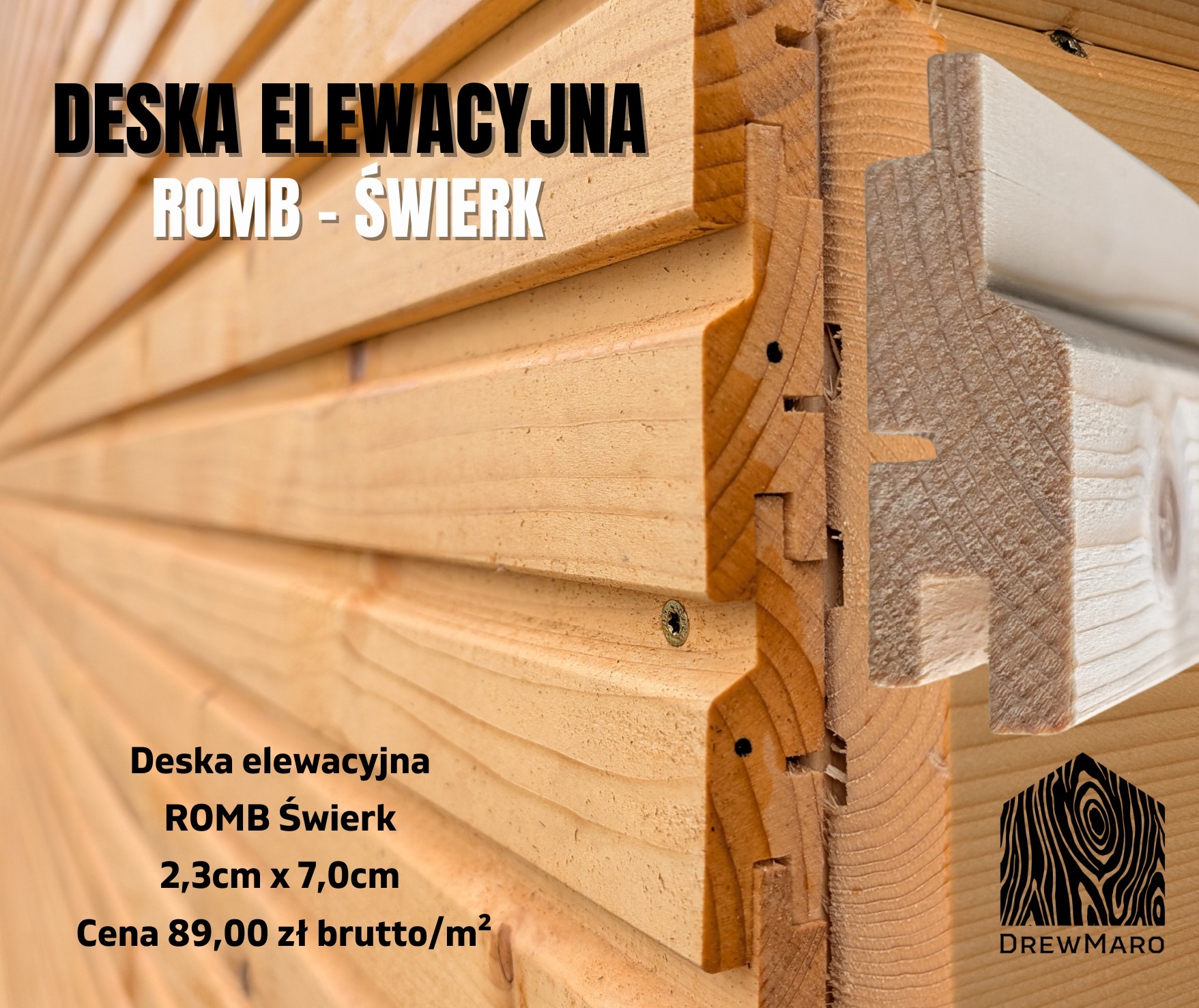 Szczegółowy przekrój deski elewacyjnej romb-świerk, prezentujący system łączenia. Widoczne wkręty mocujące. Fragment logo producenta w prawym dolnym rogu.
