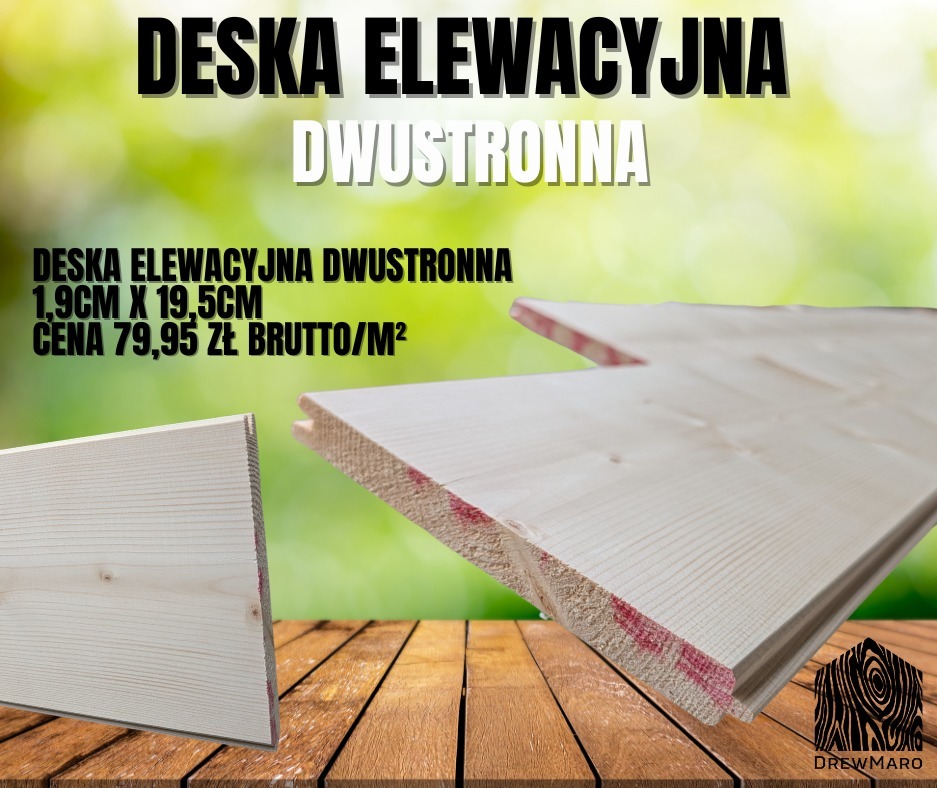 Dwustronna deska elewacyjna 1,9 cm x 19,5 cm, cena 79,95 zł brutto/m2. Prezentacja produktu na drewnianym blacie, w tle zieleń. Widoczne logo Drewmaro.