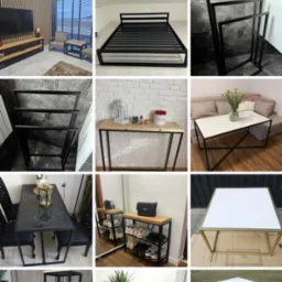 Różnorodne meble z metalowymi ramami: stół, łóżko, kwietniki, stoliki kawowe i konsola. Minimalistyczny design, różne wykończenia blatów, aranżacje wnętrz i ogrodów.