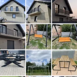 Zestawienie zdjęć metalowych konstrukcji: stoły z drewnianym blatem, huśtawka ogrodowa, pergola i balustrada balkonowa w minimalistycznym stylu.