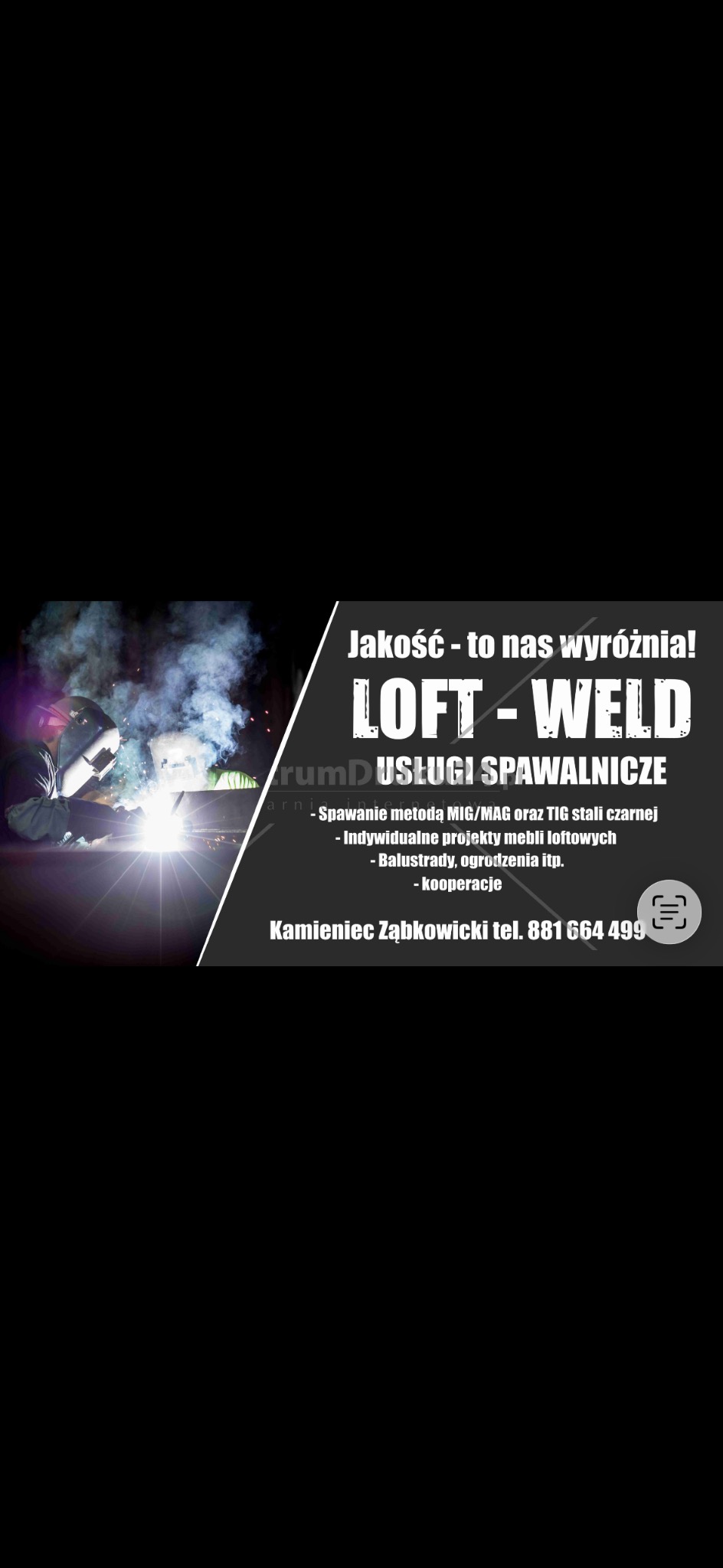 Spawacz w trakcie pracy, iskry i dym, logo firmy Loft-Weld z ofertą usług spawalniczych i projektów loftowych. Kamieniec Ząbkowicki, kontakt telefoniczny.