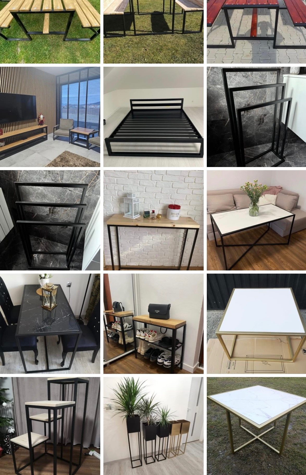 Różnorodne meble z metalowymi ramami: stół, łóżko, kwietniki, stoliki kawowe i konsola. Minimalistyczny design, różne wykończenia blatów, aranżacje wnętrz i ogrodów.