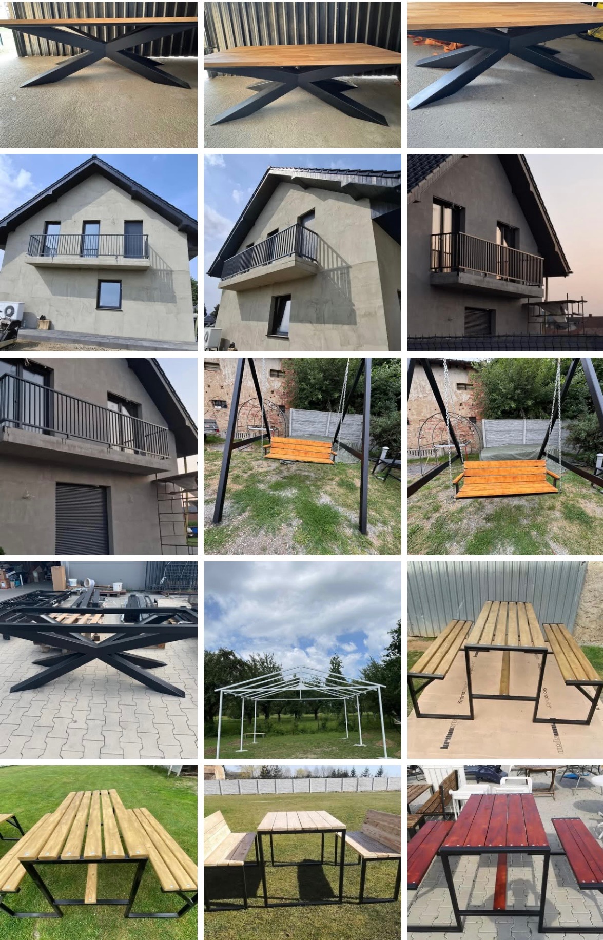 Zestawienie zdjęć metalowych konstrukcji: stoły z drewnianym blatem, huśtawka ogrodowa, pergola i balustrada balkonowa w minimalistycznym stylu.