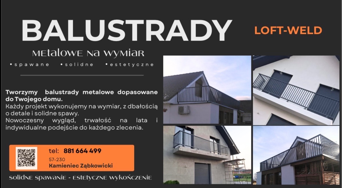 Metalowe balustrady balkonowe w stylu loft, dopasowane na wymiar, prezentowane w kolażu zdjęć z różnymi ujęciami i detalami konstrukcyjnymi. Solidne spawanie i estetyczne wykończenie.
