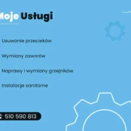 Grafika z listą usług hydraulicznych: usuwanie przecieków, wymiana zaworów, naprawa grzejników, instalacje sanitarne. Na błękitnym tle numer telefonu i ikona koła zębatego.