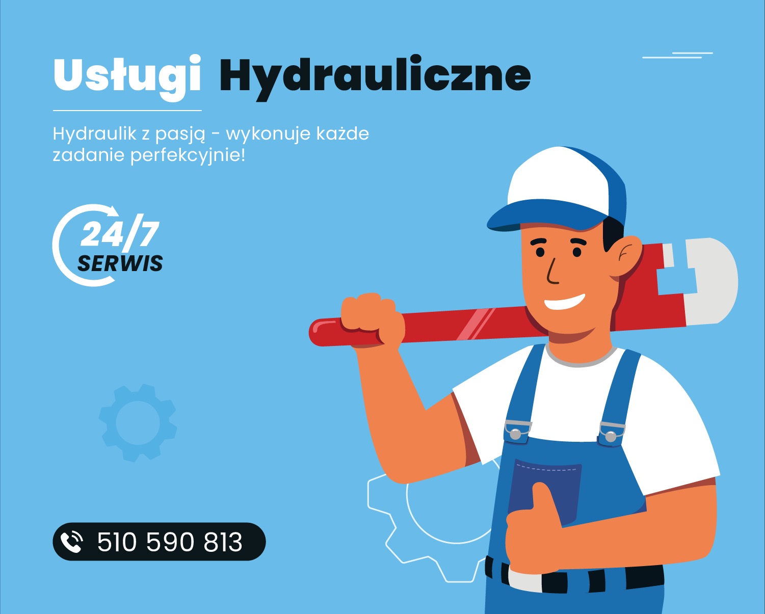 Ilustracja hydraulika z kluczem na ramieniu, napis 'Usługi Hydrauliczne', numer telefonu i informacja o serwisie 24/7 na błękitnym tle.