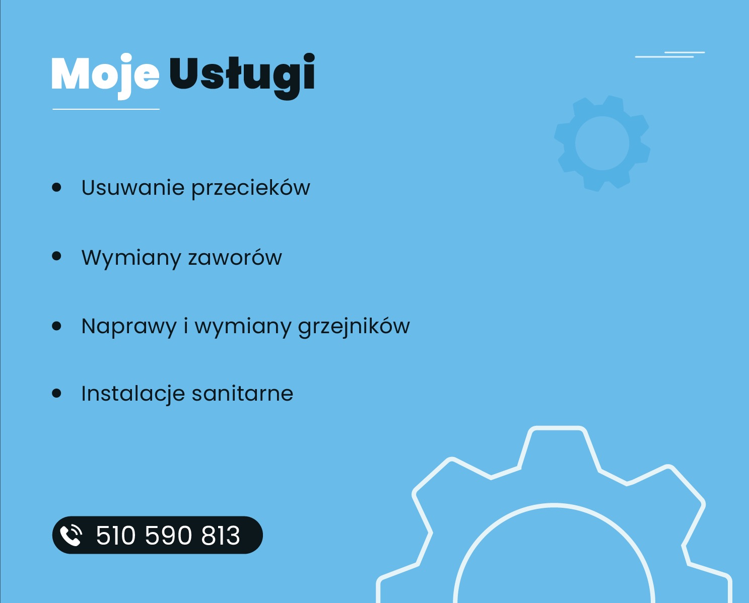 Grafika z listą usług hydraulicznych: usuwanie przecieków, wymiana zaworów, naprawa grzejników, instalacje sanitarne. Na błękitnym tle numer telefonu i ikona koła zębatego.