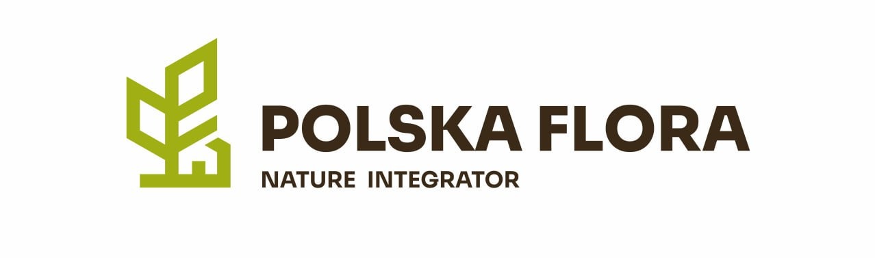 Logo firmy Polska Flora, z zielonym symbolem roślinnym i brązowym napisem 'POLSKA FLORA NATURE INTEGRATOR' na białym tle.