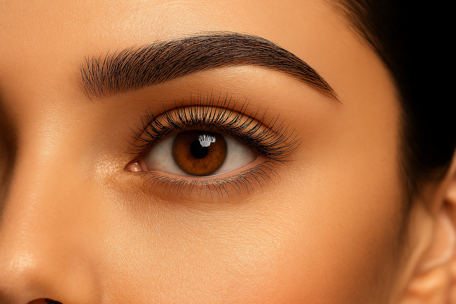 Zbliżenie na oko z perfekcyjnie wystylizowanymi brwiami i długimi, gęstymi rzęsami. Skóra o jednolitym kolorycie, delikatny makijaż.