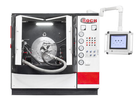 Stanowisko do testowania pomp hydraulicznych po regeneracji. Widoczny panel sterowania z manometrami i ekran dotykowy. Oświetlenie LED wewnątrz komory testowej.