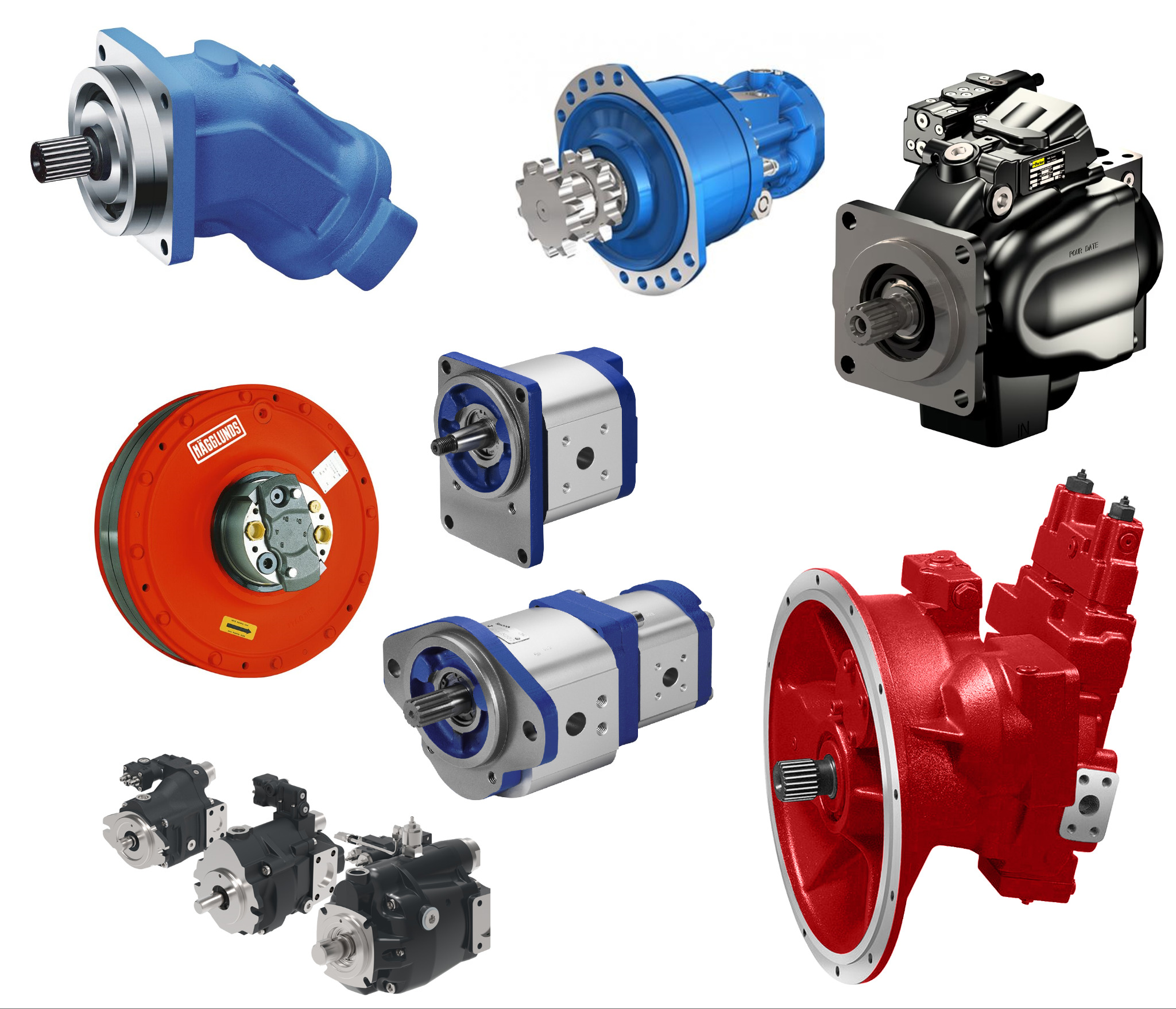 Zestaw różnorodnych pomp hydraulicznych: niebieskich, czarnych i czerwonych, prezentowanych na białym tle. Widoczne detale konstrukcyjne i zróżnicowane rozmiary.