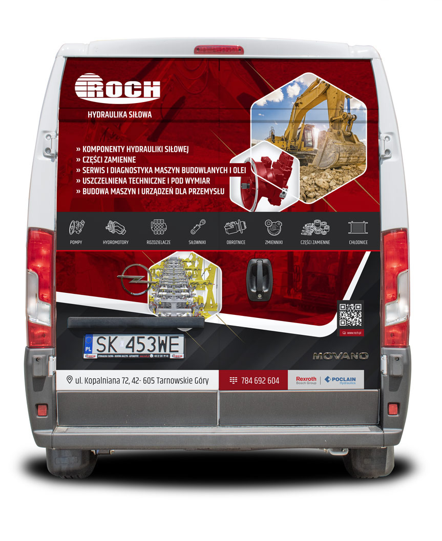 Tył białego busa z reklamą firmy Roch Hydraulika Siłowa. Grafika przedstawia komponenty hydrauliczne, koparkę i dane kontaktowe firmy.