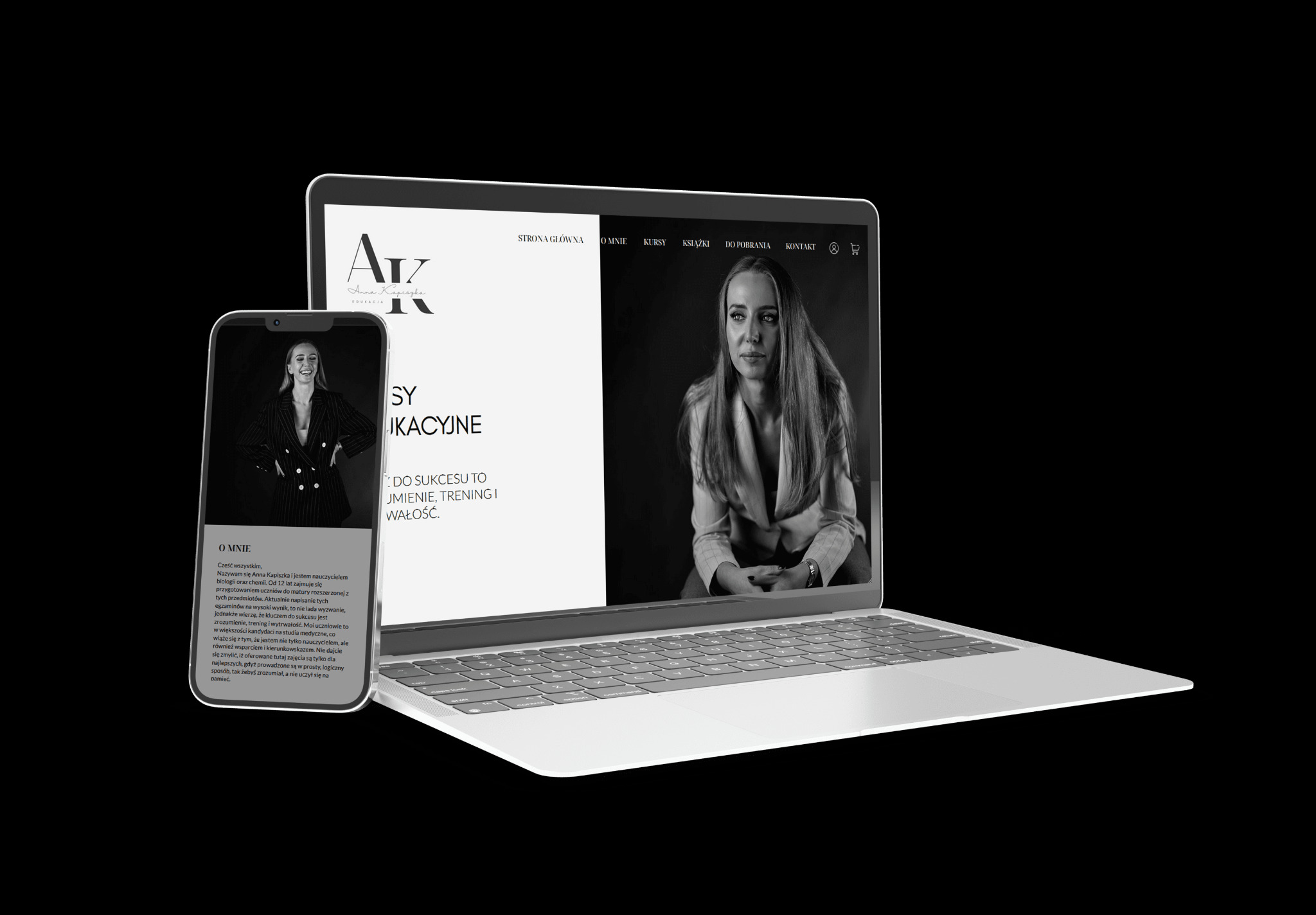 Czarno-biała prezentacja responsywnej strony www na laptopie i smartfonie. Widoczna kobieta na obu ekranach, logo i tekst strony. Minimalistyczny design.