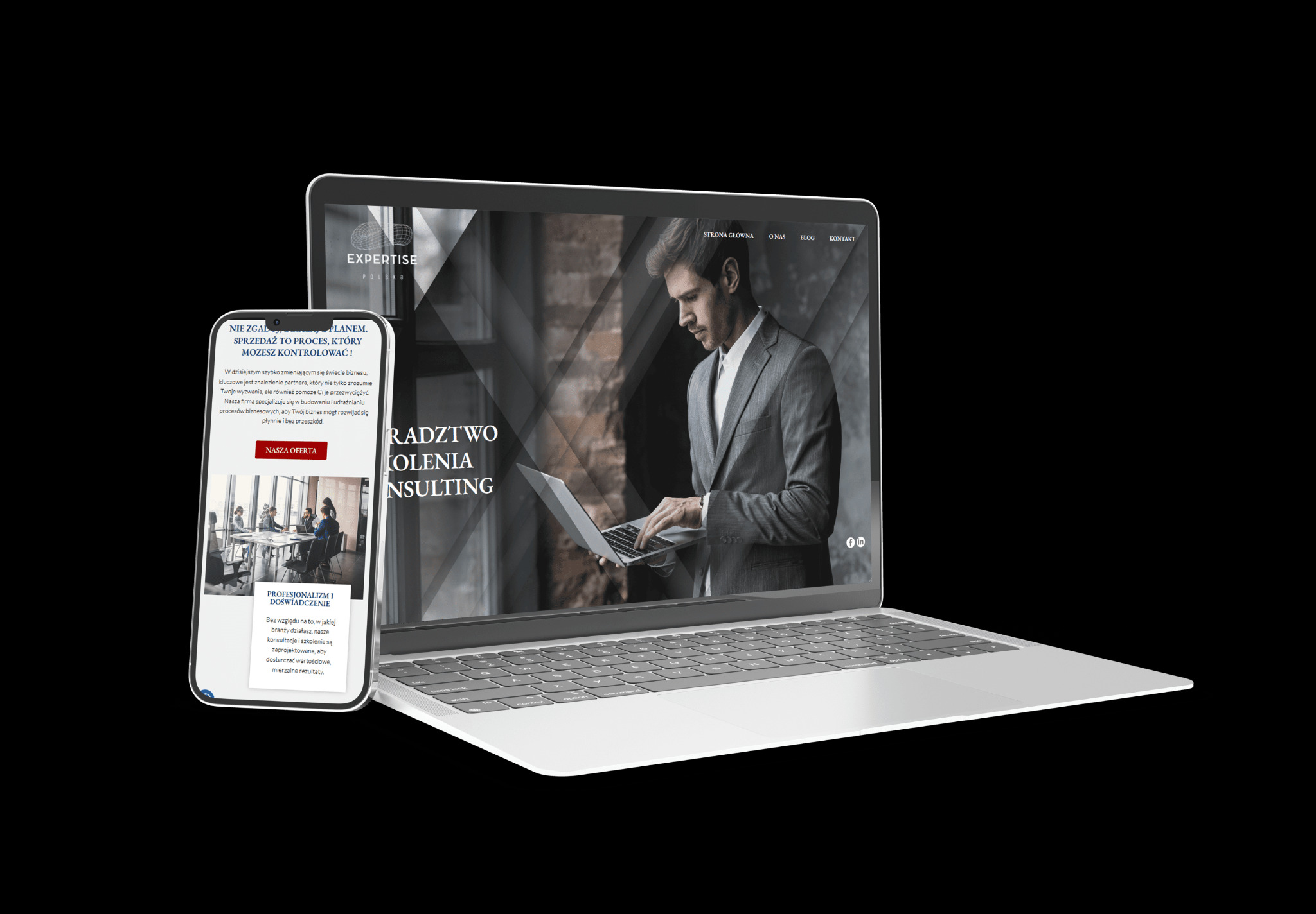 Laptop i smartfon prezentują stronę internetową firmy doradczej z mężczyzną w garniturze. Minimalistyczny design, stonowana kolorystyka, profesjonalny wygląd.