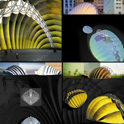 WIZUALIZACJE, ANIMACJE, KONCEPCJE - Koncepcja architektoniczna: kolaż wizualizacji futurystycznej konstrukcji kopułowej z metalową siatką, w różnych ujęciach i kolorach, na zróżnicowanym tle.