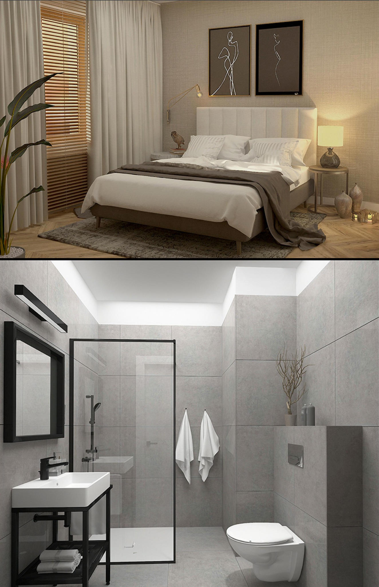 Wnętrze apartamentu: sypialnia z łóżkiem i łazienka z kabiną prysznicową, umywalką i toaletą. Stonowana kolorystyka, nowoczesny design.