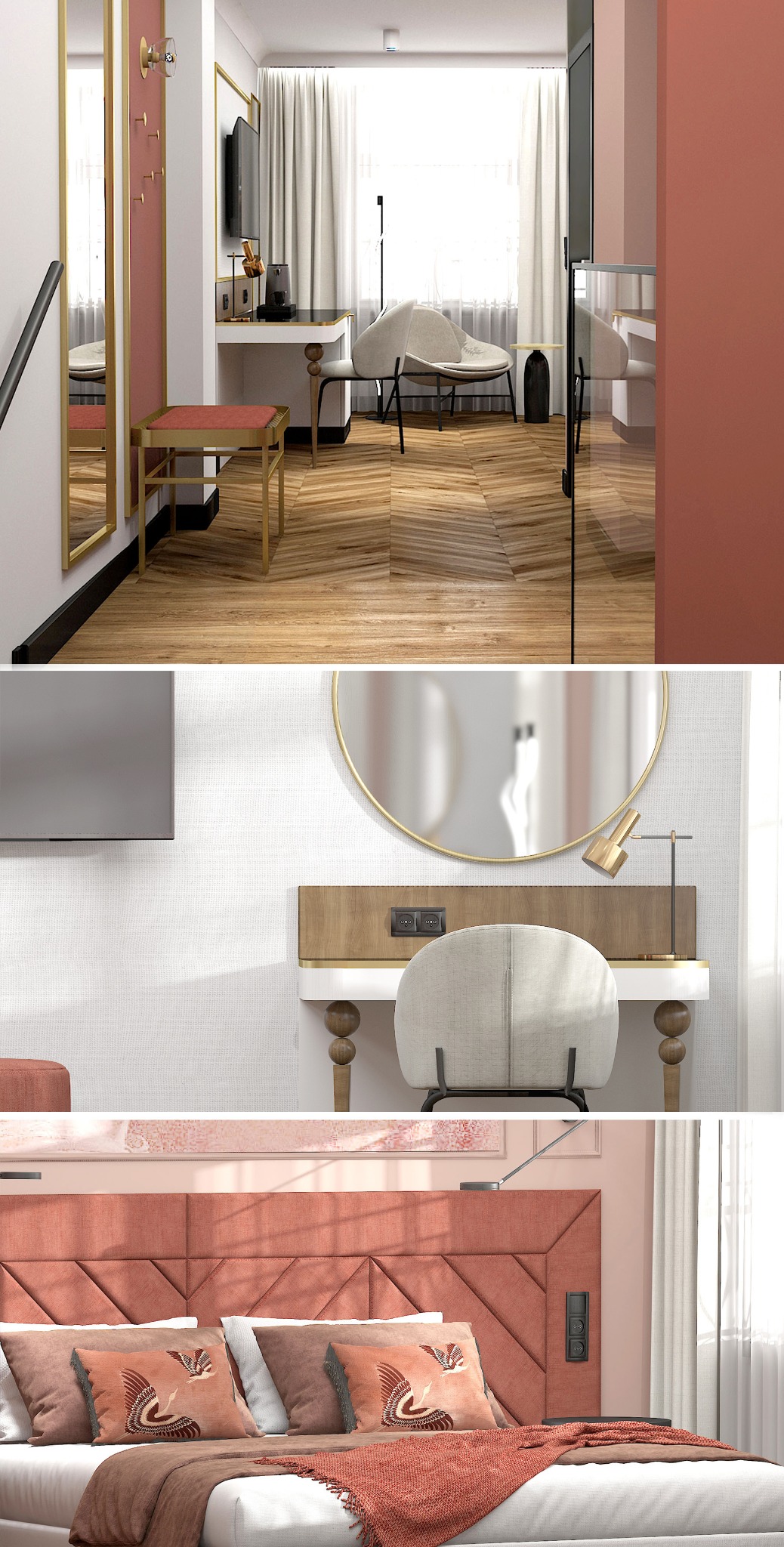 Wnętrze pokoju hotelowego w kamienicy: łóżko z dekoracyjnymi poduszkami, toaletka z okrągłym lustrem i krzesłem, parkiet ułożony w jodełkę, całość w ciepłej, stonowanej kolorystyce.