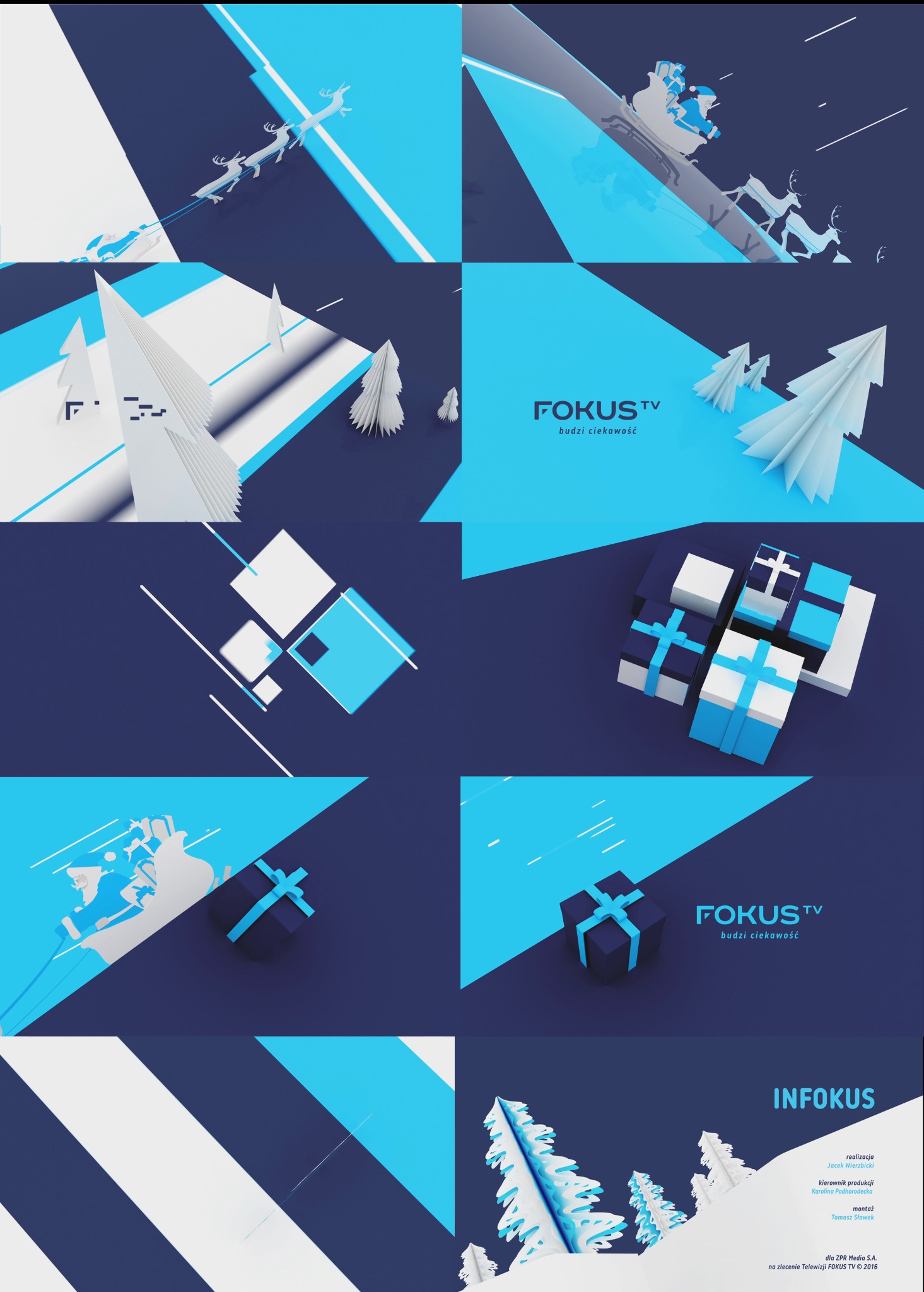 Animowana grafika świąteczna dla Fokus TV: renifery ciągną sanie Mikołaja, prezenty, choinki w minimalistycznej, niebiesko-białej stylistyce z logo stacji.