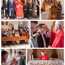 BV3 Video - Uroczystość w kościele: Grupa młodzieży z biskupem, czytanie z ambony, błogosławieństwo, wierni w ławkach i wręczenie darów. Dekoracje kwiatowe na ołtarzu.