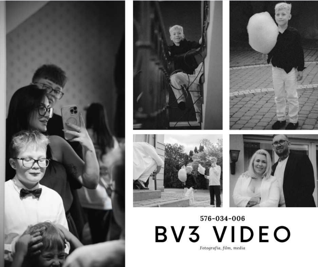 Czarno-biała kompilacja zdjęć: rodziny robiącej selfie w lustrze, chłopca z watą cukrową i pary, z logo firmy 'BV3 VIDEO' na dole.