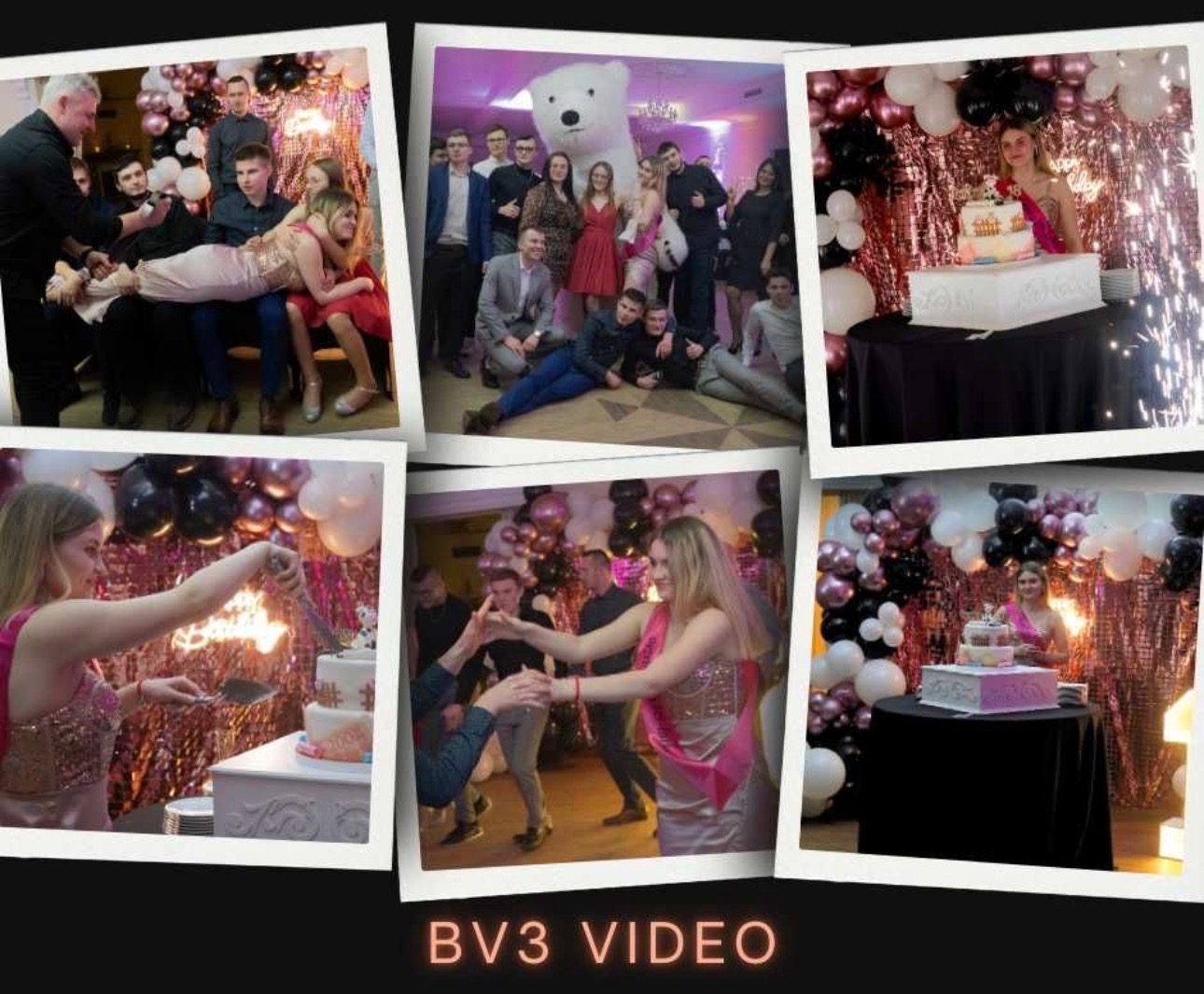 Kolaż zdjęć z imprezy: tort z fajerwerkami, goście, dekoracje balonowe i rekwizyty, w tym duży pluszowy miś. Ujęcia z różnych momentów uroczystości.