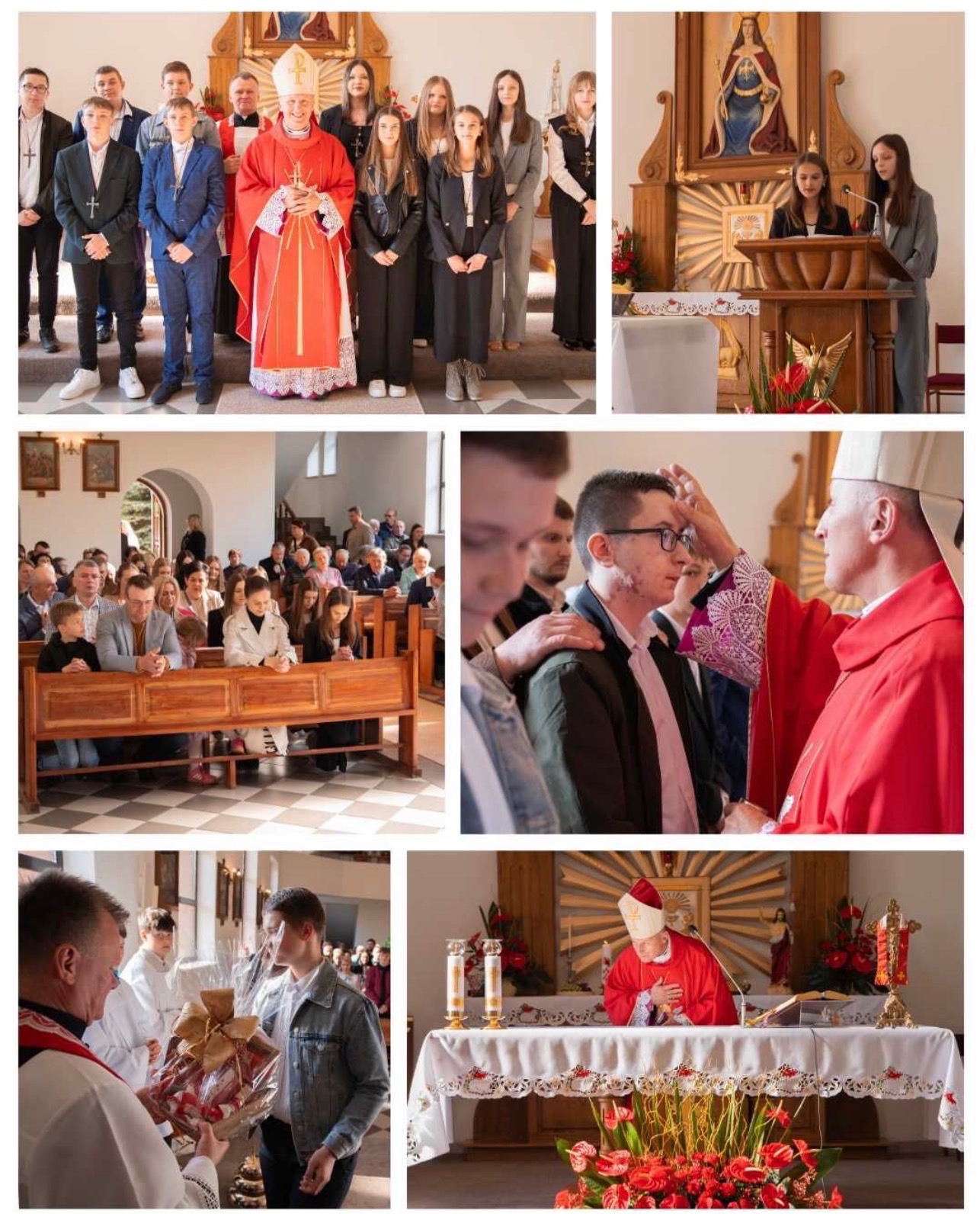 Uroczystość w kościele: Grupa młodzieży z biskupem, czytanie z ambony, błogosławieństwo, wierni w ławkach i wręczenie darów. Dekoracje kwiatowe na ołtarzu.