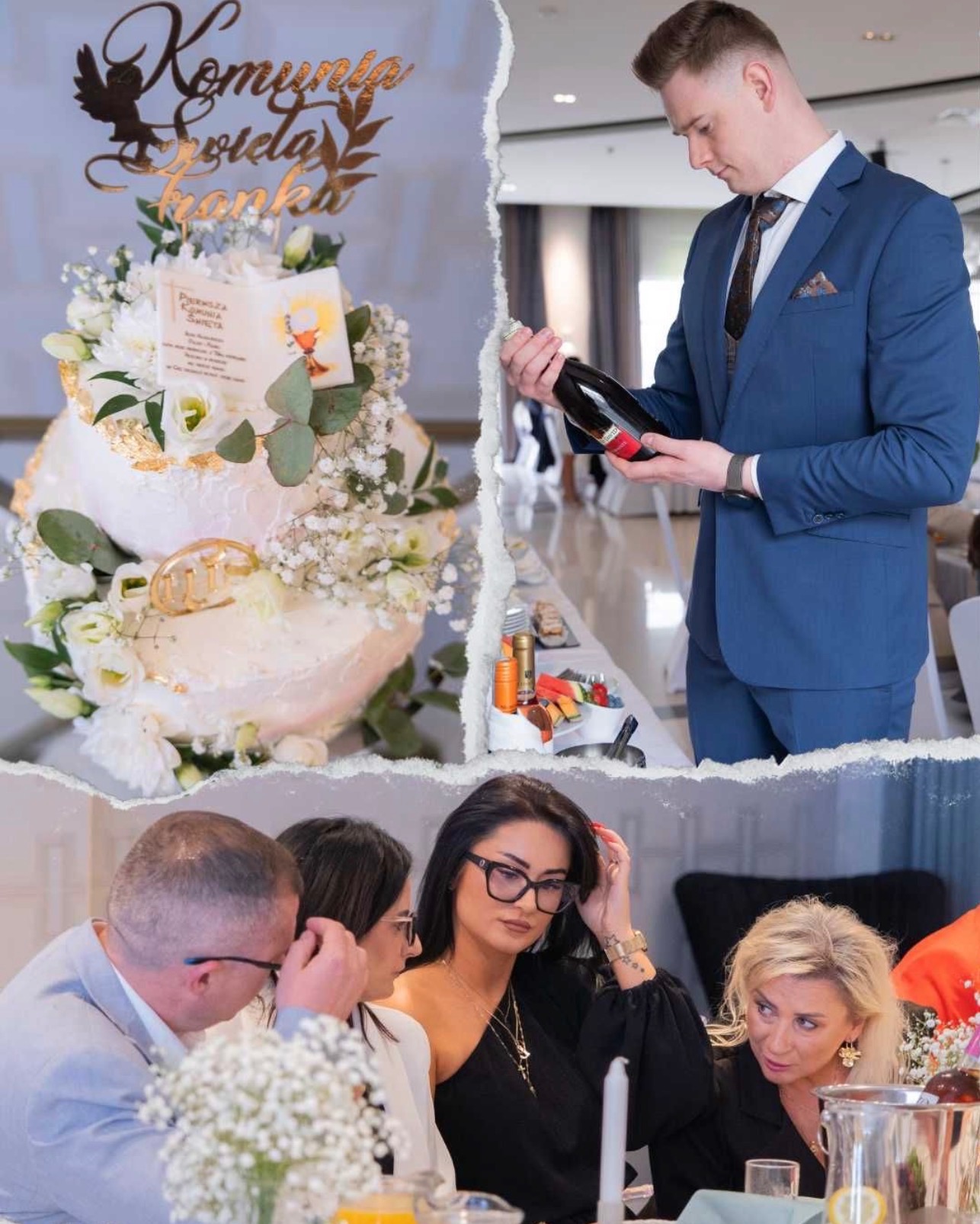 Tort komunijny z dekoracjami kwiatowymi, mężczyzna w garniturze ogląda butelkę, goście siedzą przy stole. Kolaż zdjęć z uroczystości.