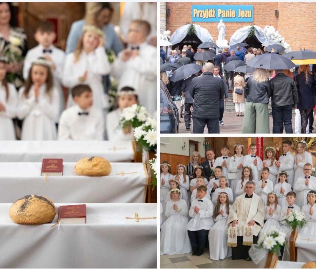 Kolaż zdjęć z uroczystości Pierwszej Komunii Świętej: detale z kościoła, wierni z parasolami i grupowe zdjęcie dzieci z księdzem. Dominują biel i złoto.