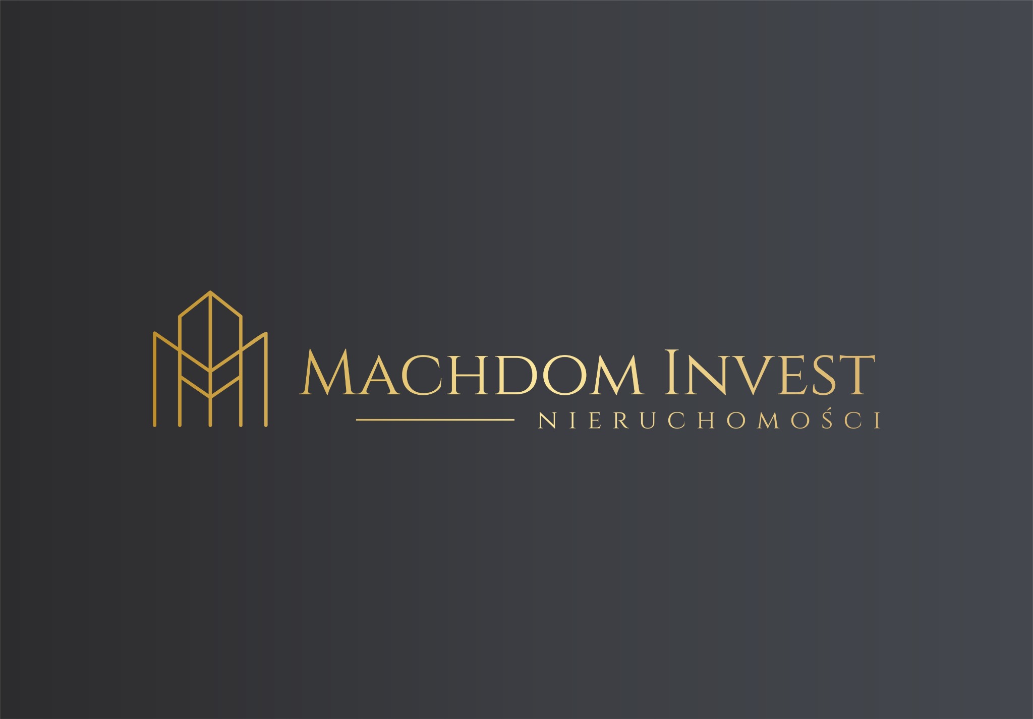 Eleganckie, złote logo 'Machdom Invest Nieruchomości' na ciemnoszarym tle. Minimalistyczny symbol budynku z geometrycznych linii.