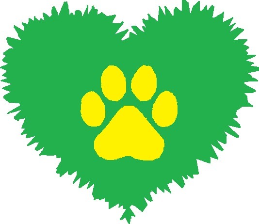 Grafika: Zielone serce o nieregularnych brzegach z żółtym odciskiem łapy zwierzęcia pośrodku. Prosty, wektorowy design z jaskrawymi kolorami.